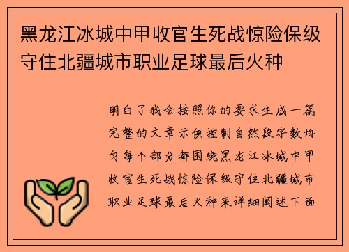 黑龙江冰城中甲收官生死战惊险保级守住北疆城市职业足球最后火种
