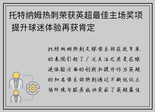 托特纳姆热刺荣获英超最佳主场奖项 提升球迷体验再获肯定